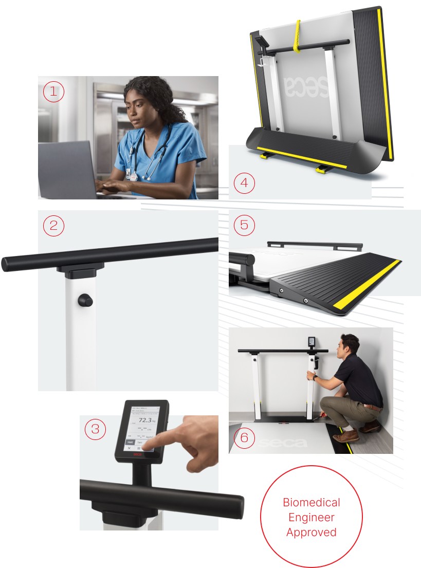 La imagen es un collage con seis secciones numeradas que destacan las características clave de un dispositivo médico.  1. Una enfermera con bata azul trabaja con un ordenador portátil, concentrada en su tarea. 2. 2. Primer plano de un pasamanos horizontal montado en un dispositivo médico (seca XLine Hold). 3. Un primer plano de una mano interactuando con una pantalla táctil digital (ID-Display™), mostrando datos como el peso. 4. La báscula médica (seca XLine Hold) se muestra plegada en posición vertical para su almacenamiento o transporte, con los bordes de seguridad amarillos visibles. 5. Un primer plano de la sección de rampa de la báscula con superficie negra texturizada y banda de seguridad amarilla (seca XLine Base). 6. Un ingeniero biomédico está arrodillado junto a la báscula (seca XLine Hold), realizando tareas de mantenimiento. Un círculo rojo contiene el texto «Biomedical Engineer Approved».