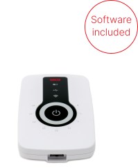 Image of the seca CT330/CT331 device, a compact white resting ECG unit with a black control panel and power button in the center. In the top right corner: Red circular badge with the text 'Software included' in red font.