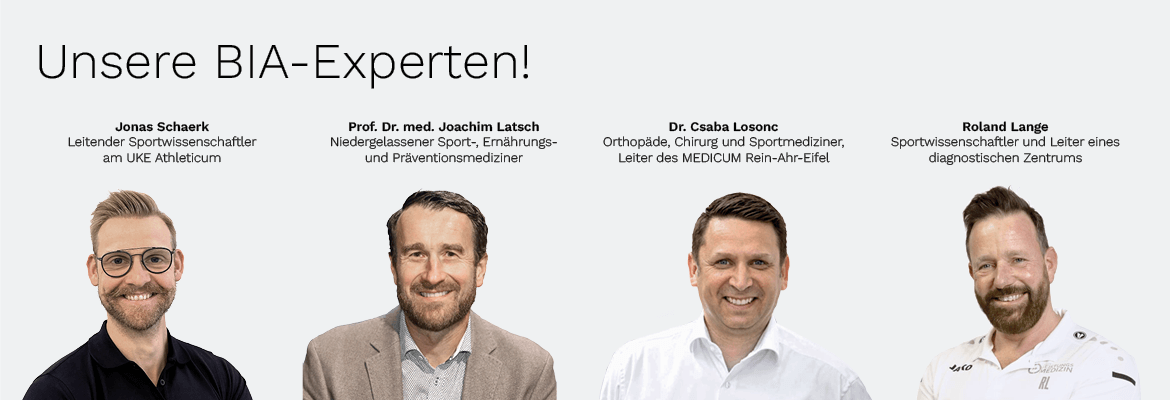 Von Links nach Rechts: Jonas Schaerk - Leitender Sportwissenschaftler am UKE Athleticum; Dr. Joachim Latsch - Niedergelassener Sport-, Ernährungs- und Präventionsmediziner; Dr. Csaba Losonc – Orthopäde, Chirurg und Sportmediziner, Leiter des MEDICUM Rein-Ahr-Eifel; Roland Lange – Sportwissenschaftler und Leiter des diagnostischen Zentrums