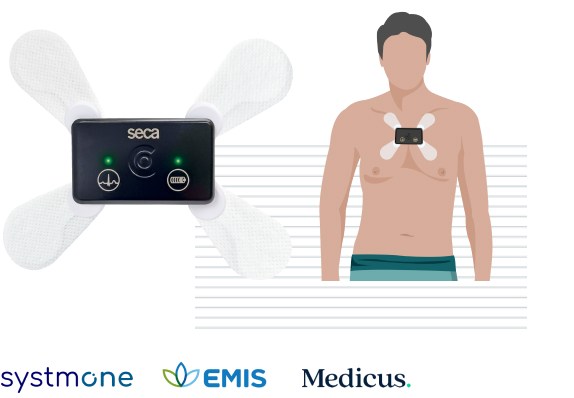 Illustration of a patient wearing the seca guard Holter ECG device on their chest, alongside a close-up image of the device with its adhesive electrodes and indicator lights.