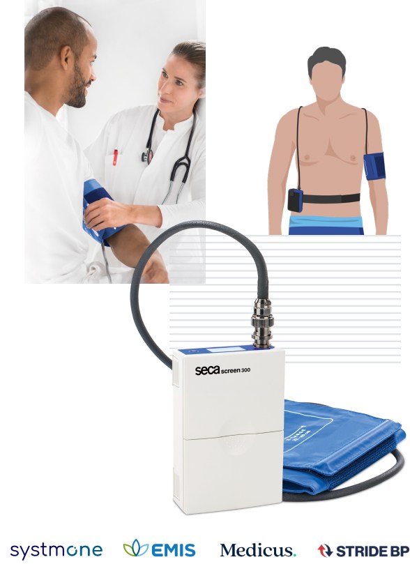 Image showing a healthcare professional applying a blood pressure cuff to a patient, along with an illustration of a patient wearing an ambulatory blood pressure monitor, featuring the seca screen 300 device in the foreground.