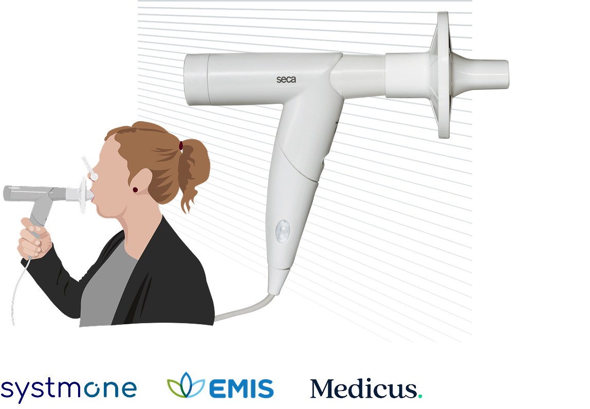 Illustration of a person using the seca spiro mobile spirometer to measure lung function, with a close-up of the spirometer device shown next to the illustration.