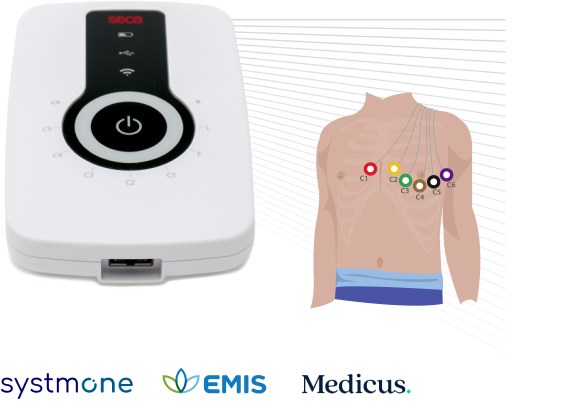 Illustration showing ECG electrode placement on a patient’s chest for a resting ECG examination, with a close-up image of the seca CT330/CT331 device used for the procedure.