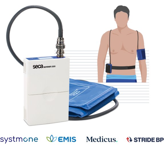 Illustration of a patient wearing an ambulatory blood pressure monitor with the seca screen 300 device attached to the arm, alongside a close-up image of the blood pressure monitor and cuff.