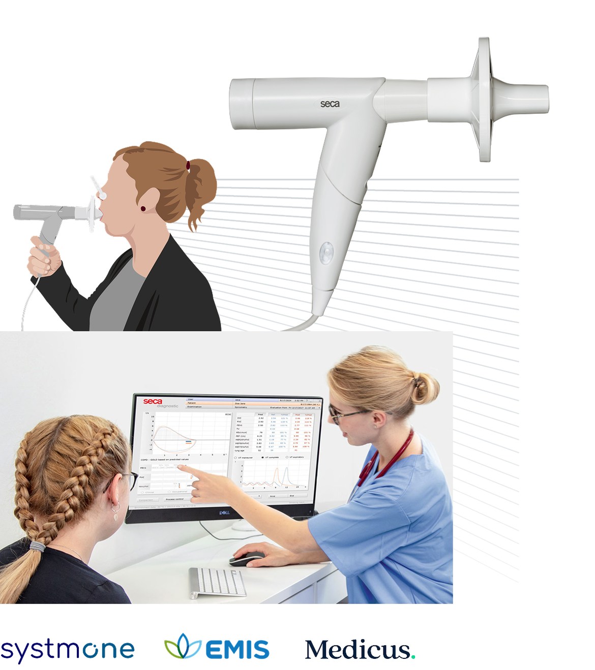 Image showing a patient using the seca spiro mobile spirometer, with a healthcare professional viewing the spirometry results on a computer screen in the background.