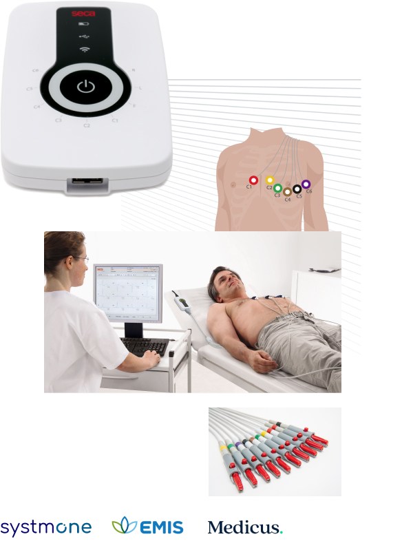 Image showing a patient lying down while connected to ECG electrodes, with a healthcare professional analyzing the results on a computer screen. The seca CT330/CT331 device is shown alongside an illustration of the ECG electrode placement.