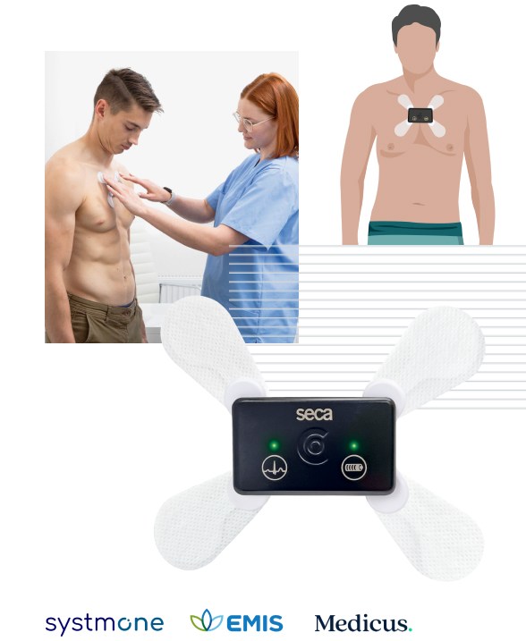 Image showing a healthcare professional attaching the seca guard Holter ECG device to a patient's chest, with an illustration of the Holter device placement and a close-up of the seca guard device in the foreground.