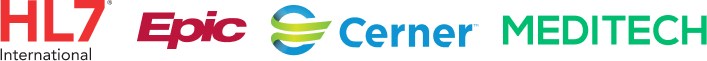 Logotipos de cuatro socios de integración de historiales médicos electrónicos (EMR) alineados en una fila horizontal. De izquierda a derecha, los logotipos son: HL7 International, Epic, Cerner y MEDITECH.