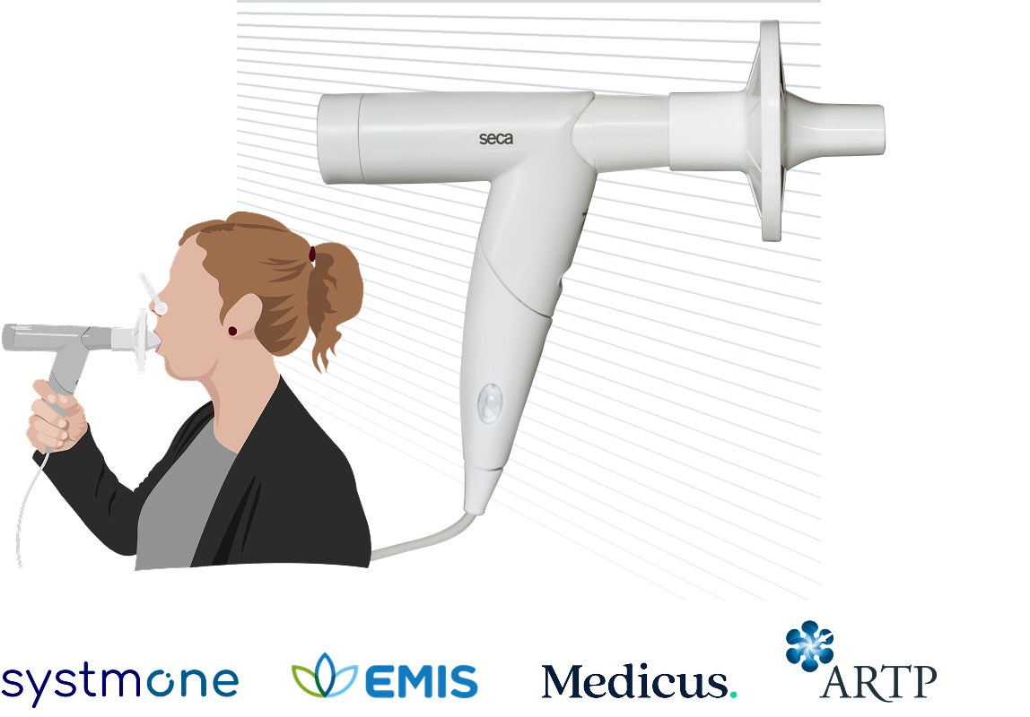 Illustration of a person using the seca spiro mobile spirometer to measure lung function, with a close-up of the spirometer device shown next to the illustration.