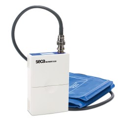 Image of the seca screen 300 ABPM device with an attached blood pressure cuff, used for ambulatory blood pressure monitoring.
